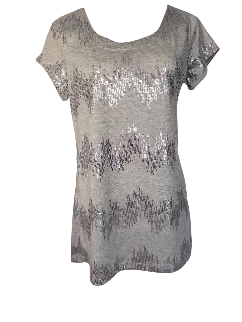 Belle du Jour Gray Silver Sequin Chevron ZigZag Short Sleeve Top Size JR XL